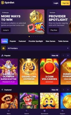 SpinBet Casino Home Page Mobile